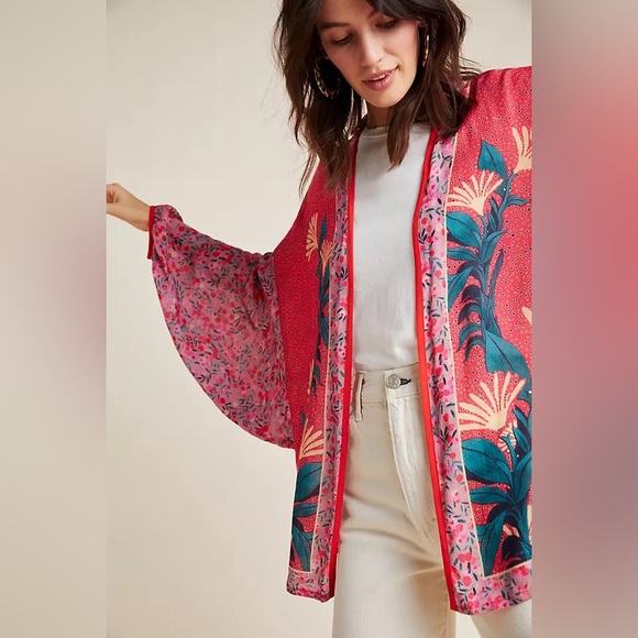 Anthropologie Louise Floral Kimono One Size Boho Coastal Vacation - Picture 2 of 8
